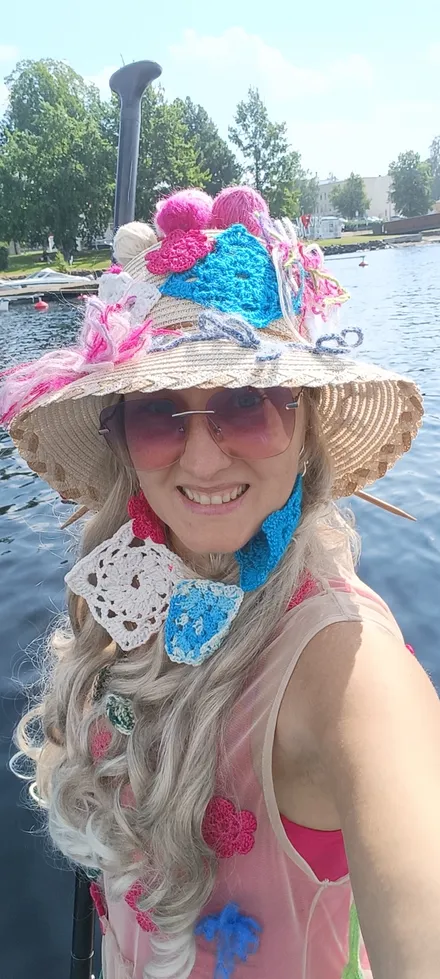 selfie with a festival hat on Lake Saimaa